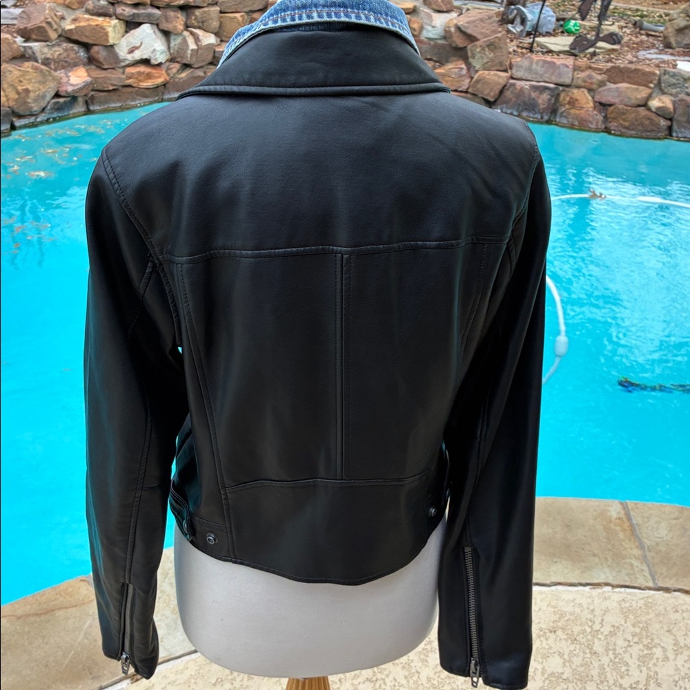 Blank NYC Black Faux Leather Moto Jacket with zip out Denim Collar Detail L - Picture 5 of 10